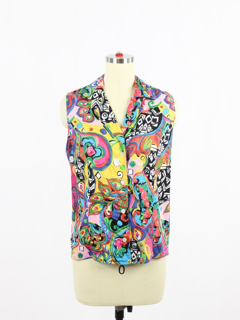 Vintage 90's PORTS Multicolor Abstract Print 100% Cotton Muslin Blouse, Size 12